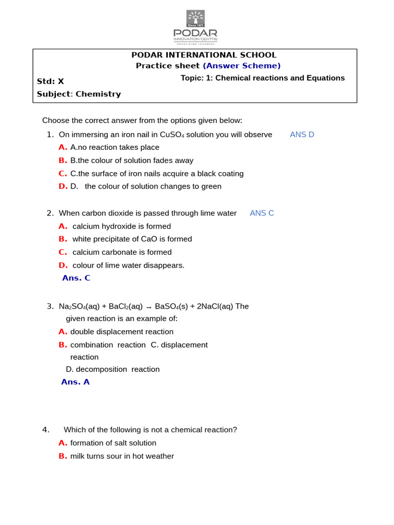 MCQ As CB X Chem Chemical Reactions and Equations ANSWER | PDF | Redox ...