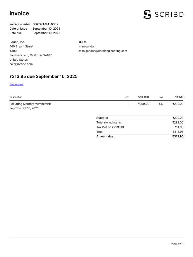 Scribd Invoice ODXOKAMA-0002 Details | PDF