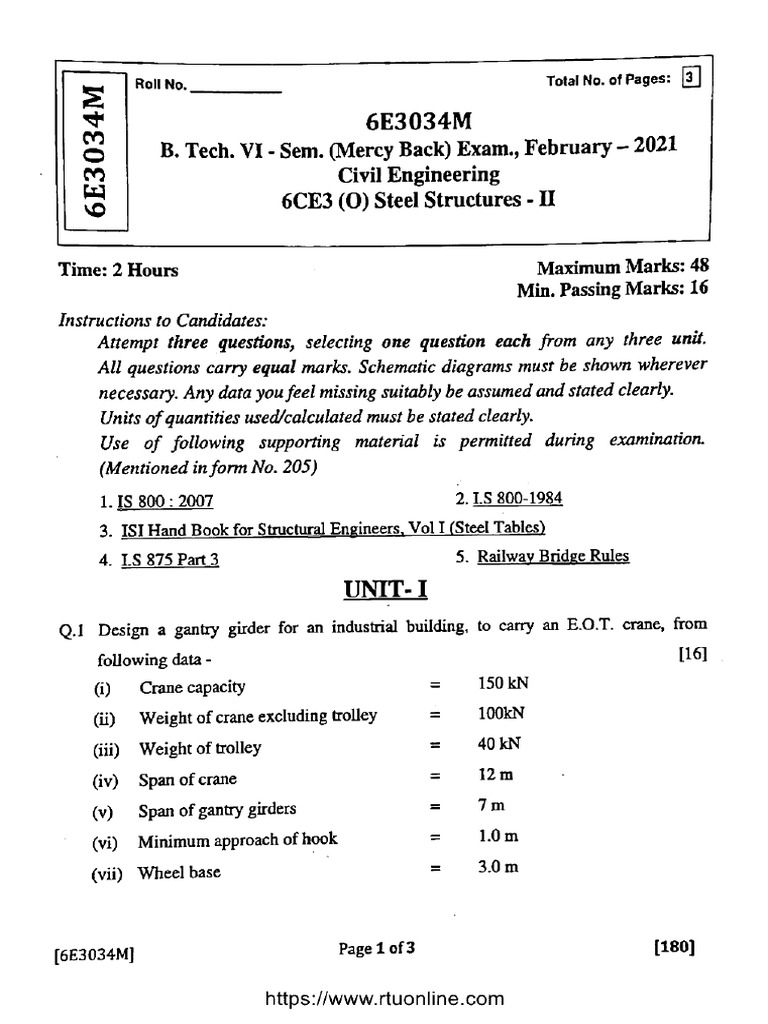 Btech Ce 6 Sem Steel Structures 2 6e3034m Feb 2021 | PDF