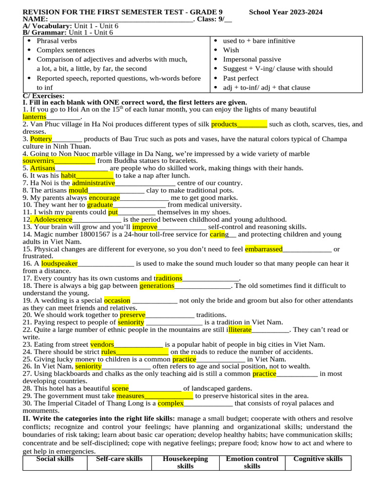 Grade 9 First Semester Test Revision | PDF | Linguistics | Grammar