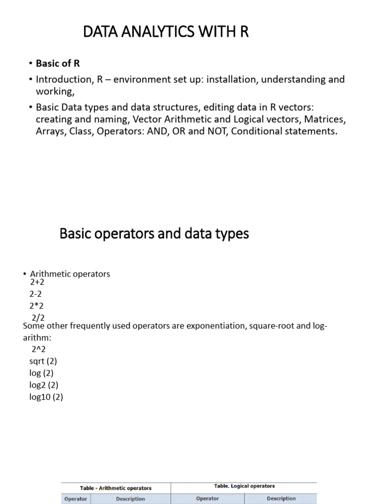 R Data Analytics: Basics and Types | PDF | Multiplication | Data Type