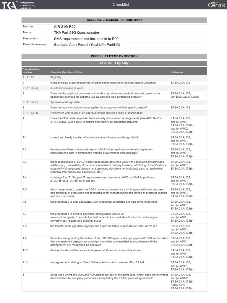 EASA Part 21G POA Compliance Checklist | PDF