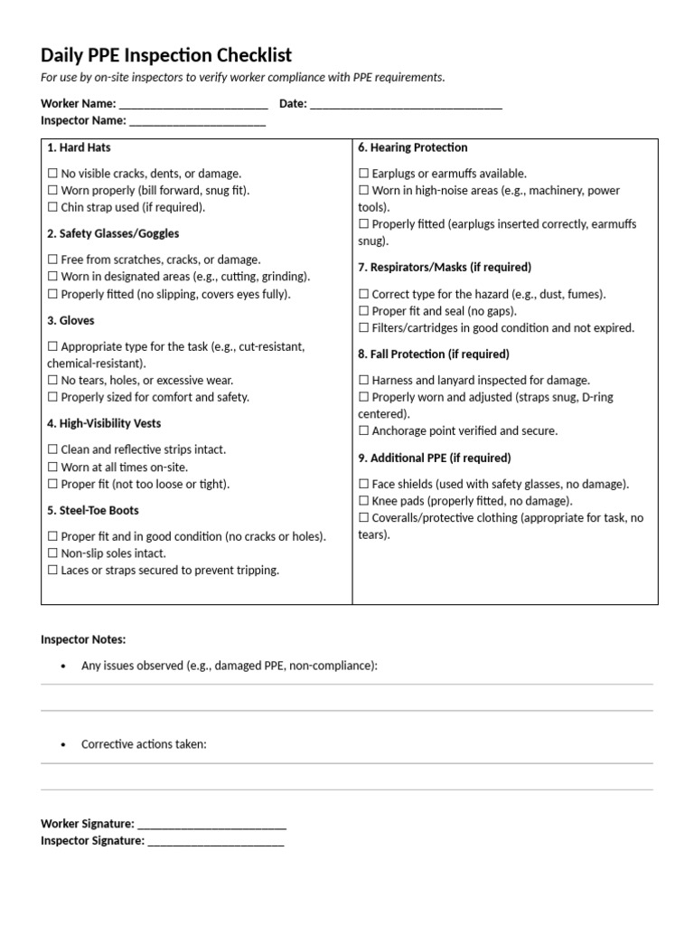Daily PPE Compliance Inspection Checklist | PDF | Personal Protective ...