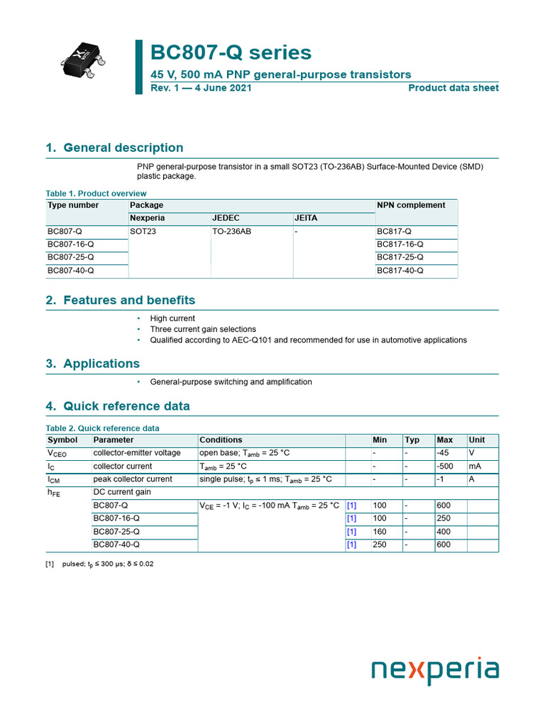 BC807-Q Ser | PDF | Bipolar Junction Transistor | Computer Engineering