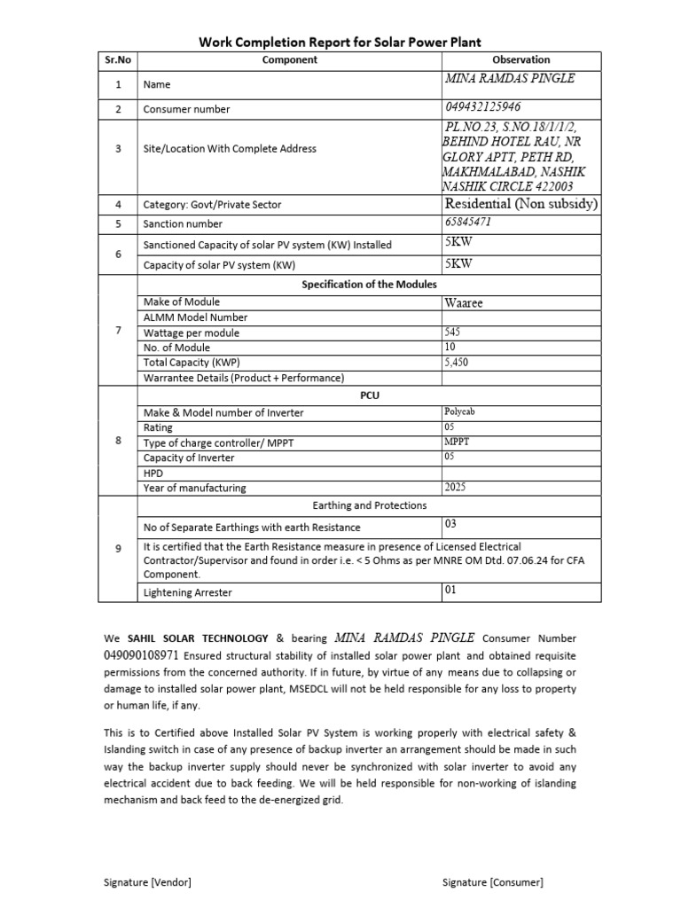 Solar Power Plant Completion Report | PDF | Photovoltaic System | Glass ...