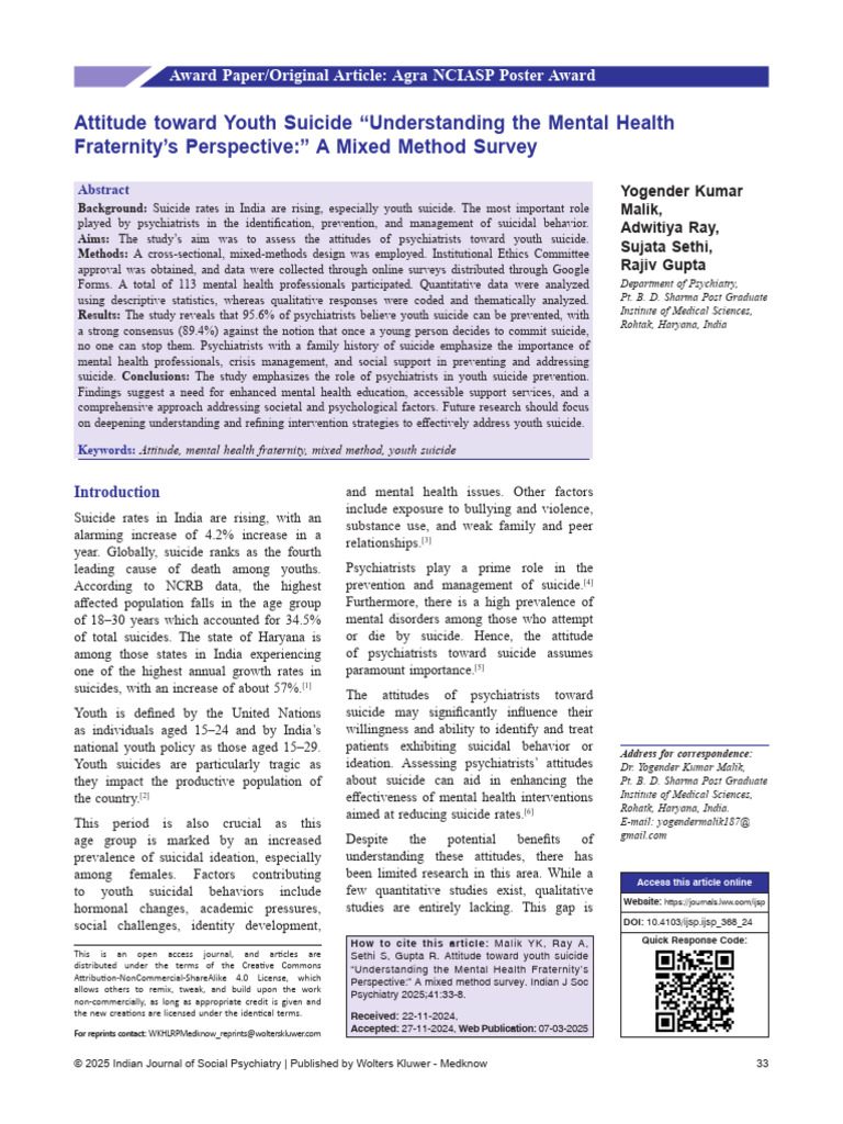 Psychiatrists' Attitudes on Youth Suicide | PDF | Suicide | Mental Health
