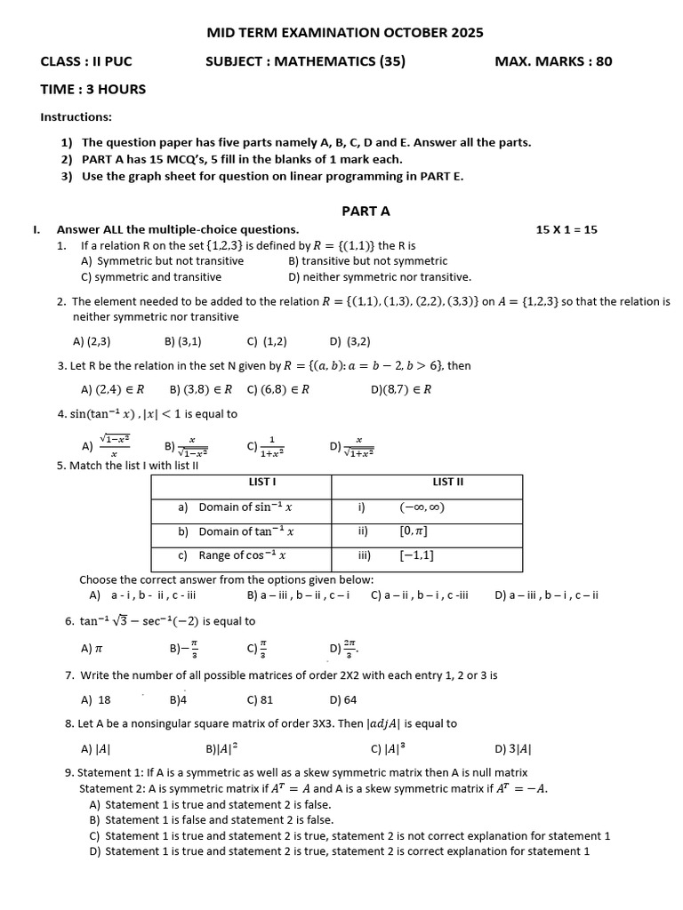 Mathematics Midterm Exam October 2025 | PDF | Matrix (Mathematics ...
