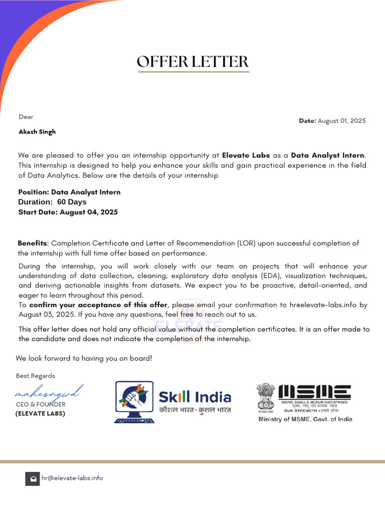 Data Analyst Intern Offer Letter | PDF