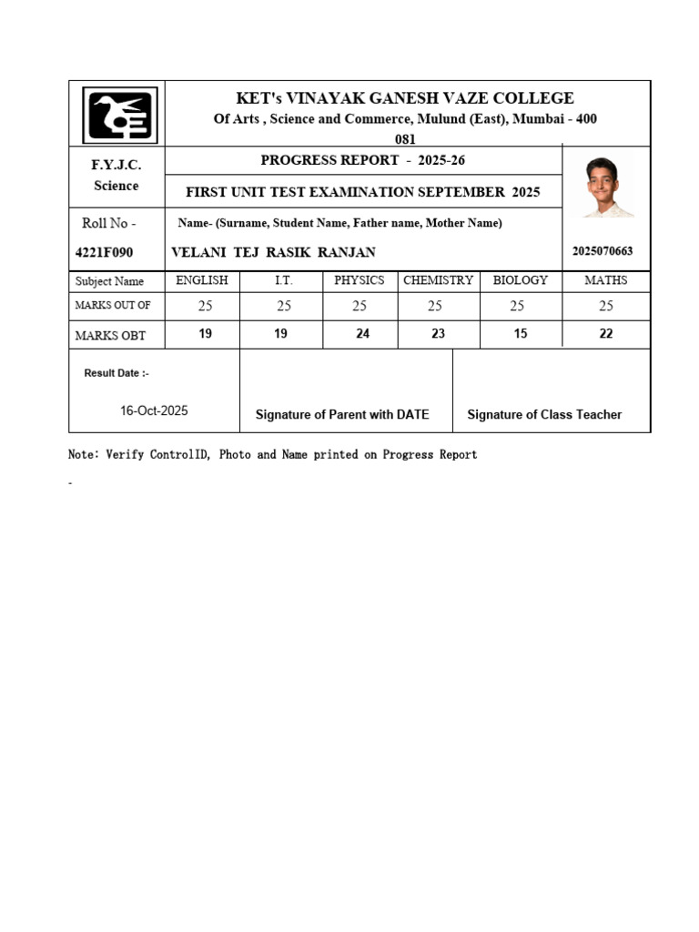 KET Vinayak Ganesh Vaze College Progress Report | PDF