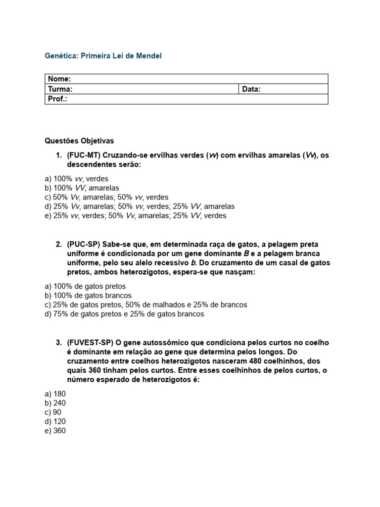 Primeira Lei de Mendel: Questões e Conceitos | PDF | Hereditariedade ...
