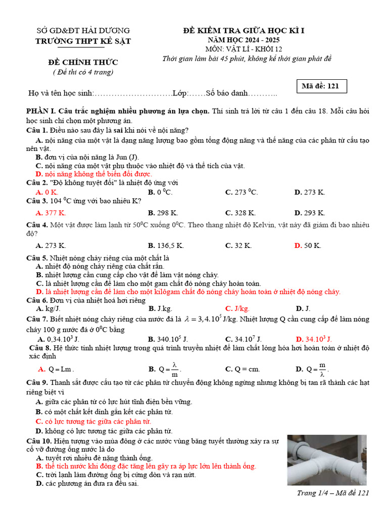 De Giua Hoc Ky 1 Vat Li 12 Nam 2024 2025 Truong THPT Ke Sat Hai Duong | PDF