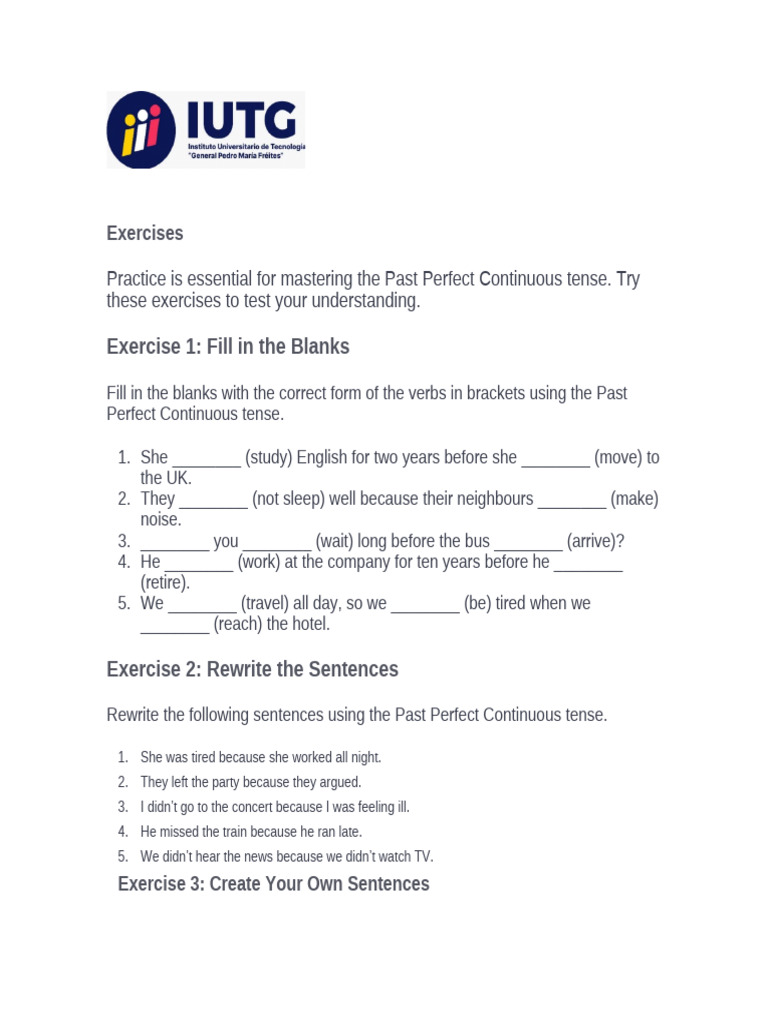 Past Perfect Continuous Exercises | PDF