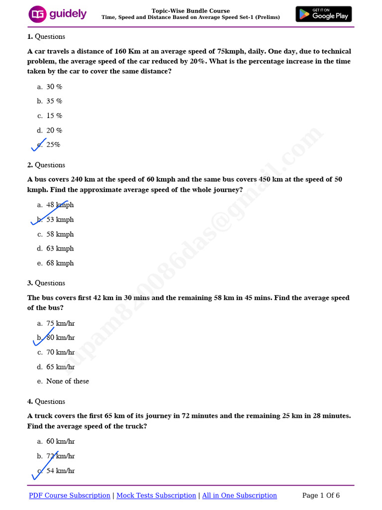 Time, Speed and Distance Based On Average Speed Set-1 (Prelims) | PDF ...