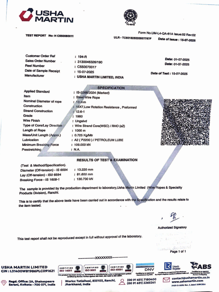 Wire Rope MTC | PDF