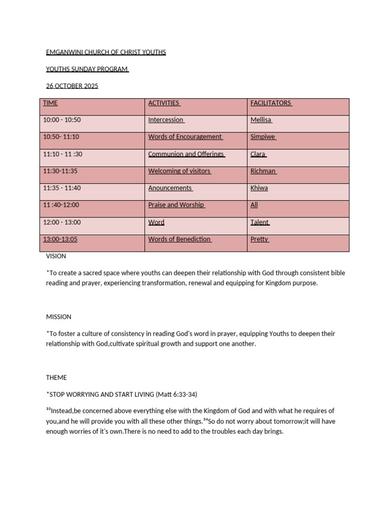 EMGANWINI Youth Sunday Program 2025 | PDF