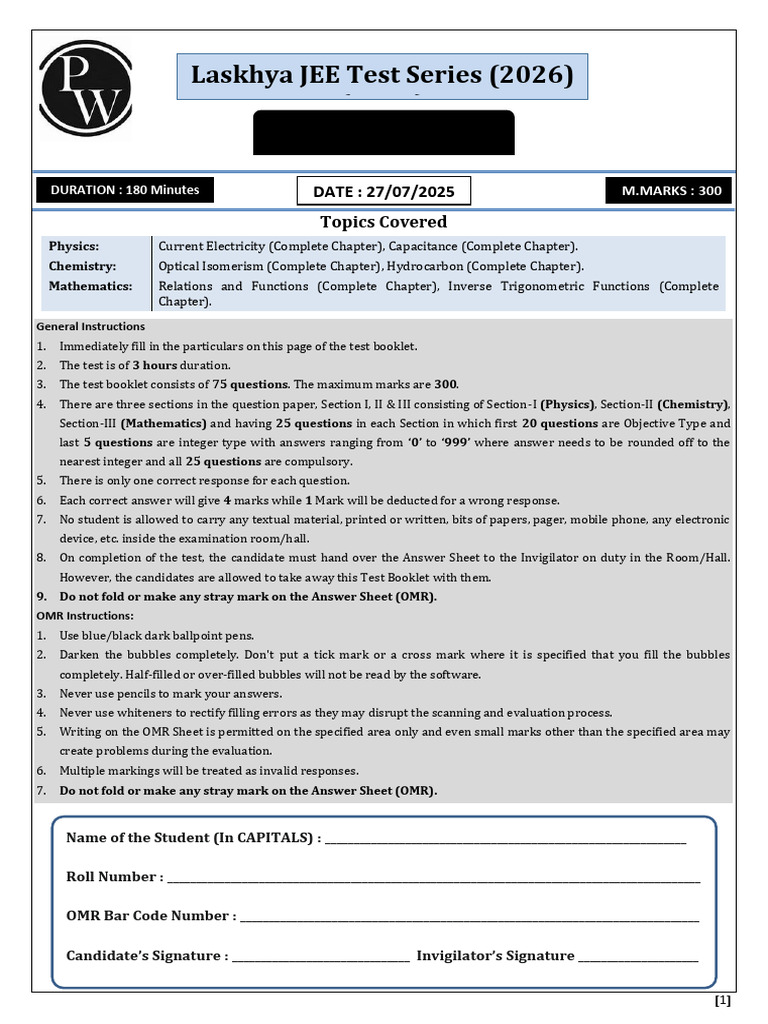 JEE Practice Test 2026: Physics, Chemistry, Math | PDF | Capacitor ...