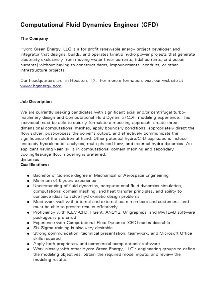 CFD Engineer Position at Hydro Green Energy | PDF | Computational Fluid ...