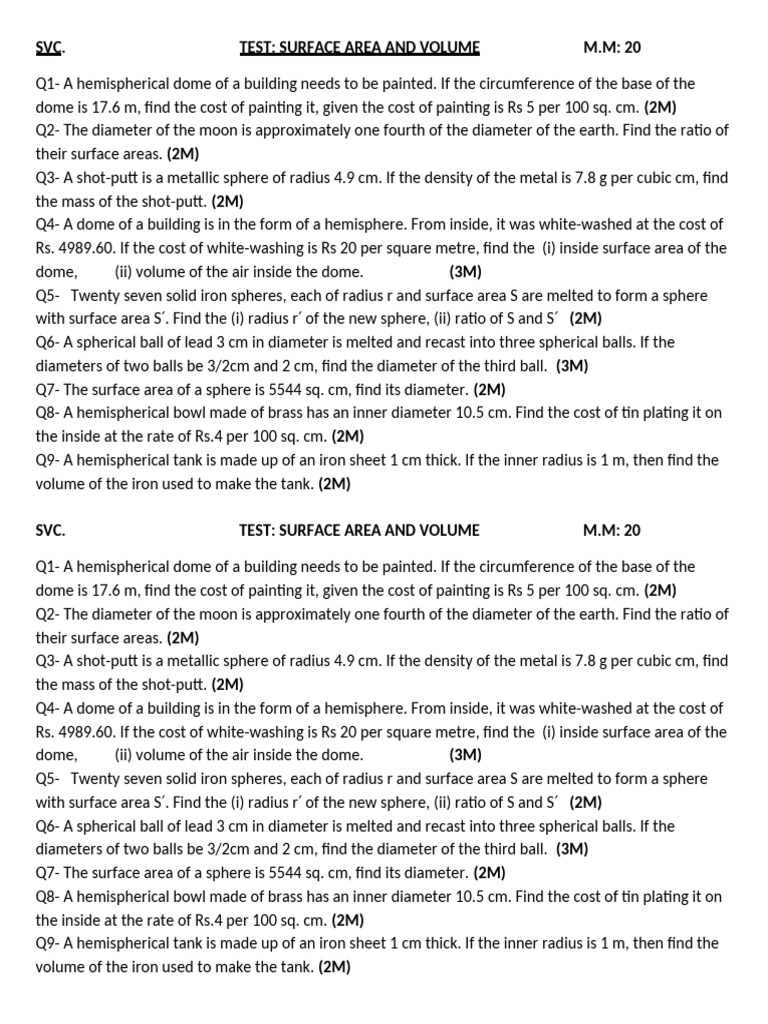 SVC - SA&v of Sphere and Hemisphere | PDF | Sphere | Area