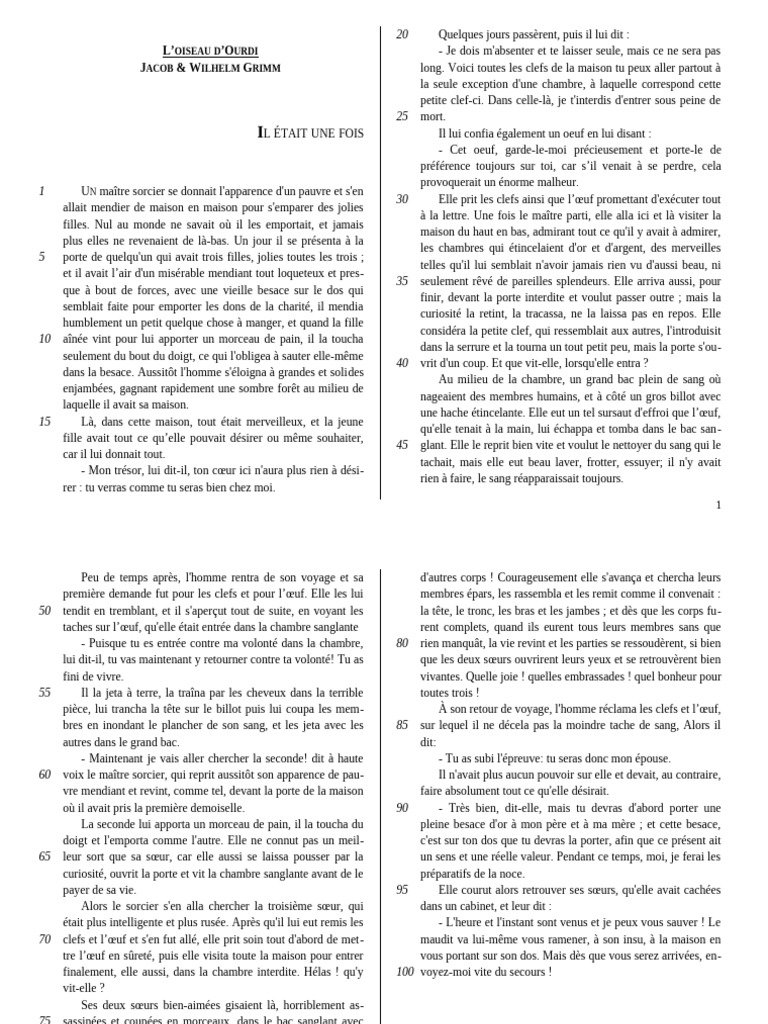 L'Oiseau d'Ourdi : conte des Grimm | PDF