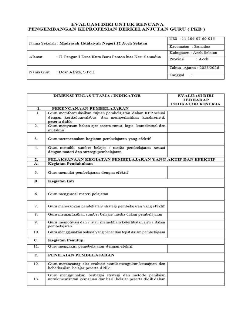 Evaluasi Diri dan Tindak Lanjut Guru | PDF