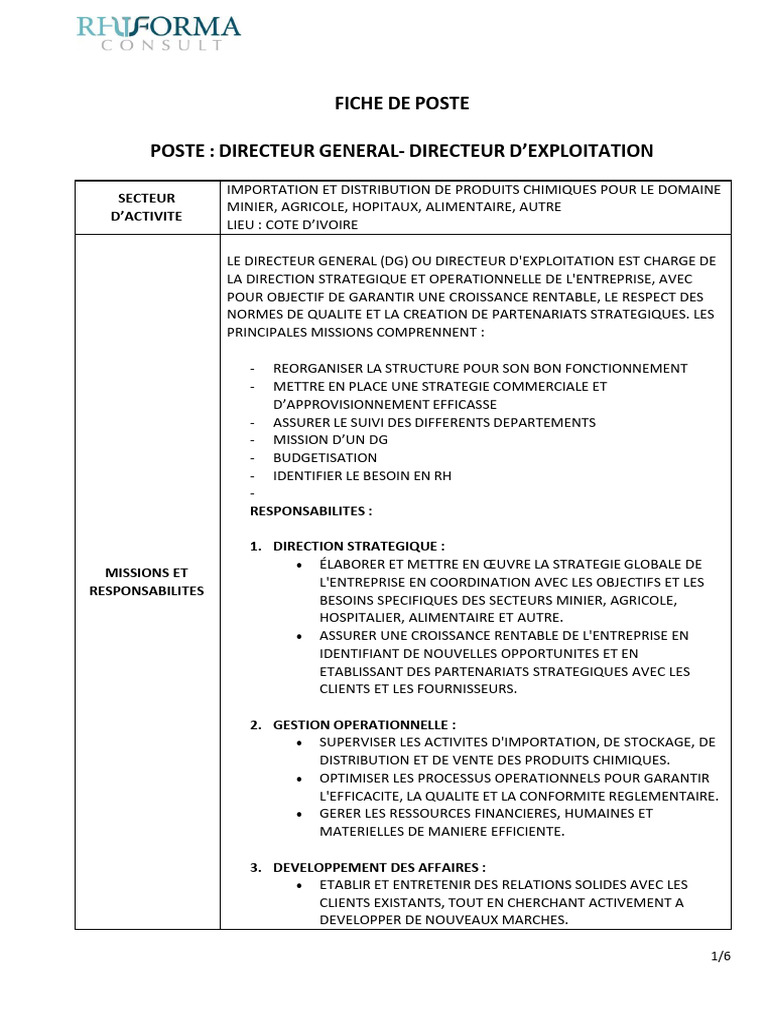Fiche de Poste : Directeur d'Exploitation | PDF | Business | Économie