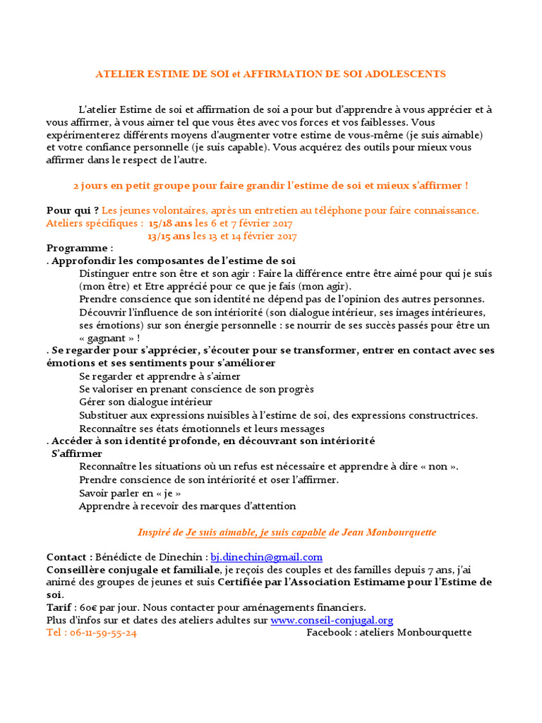 Atelier Estime de Soi pour Adolescents | PDF | Estime de soi | Psychologie