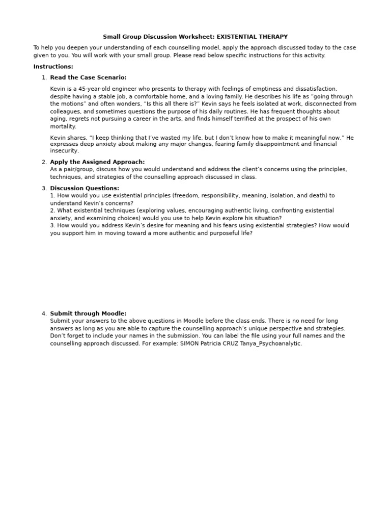 Existential Therapy Discussion Worksheet | PDF