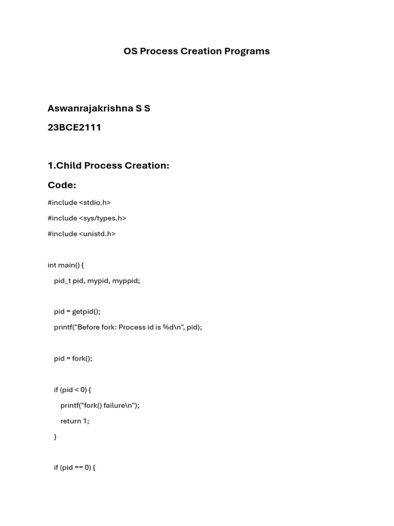 OS Process Creation Examples in C | PDF | Computing Platforms ...