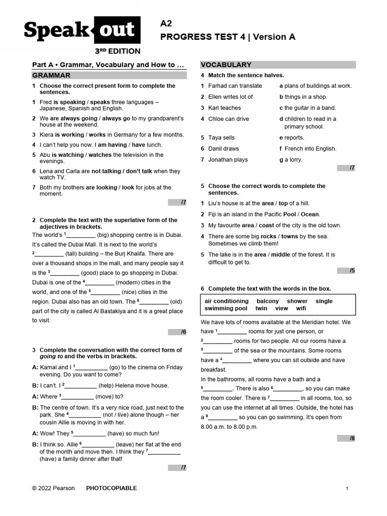 A2 Progress Test 4 Overview | PDF | Hotel | Resort