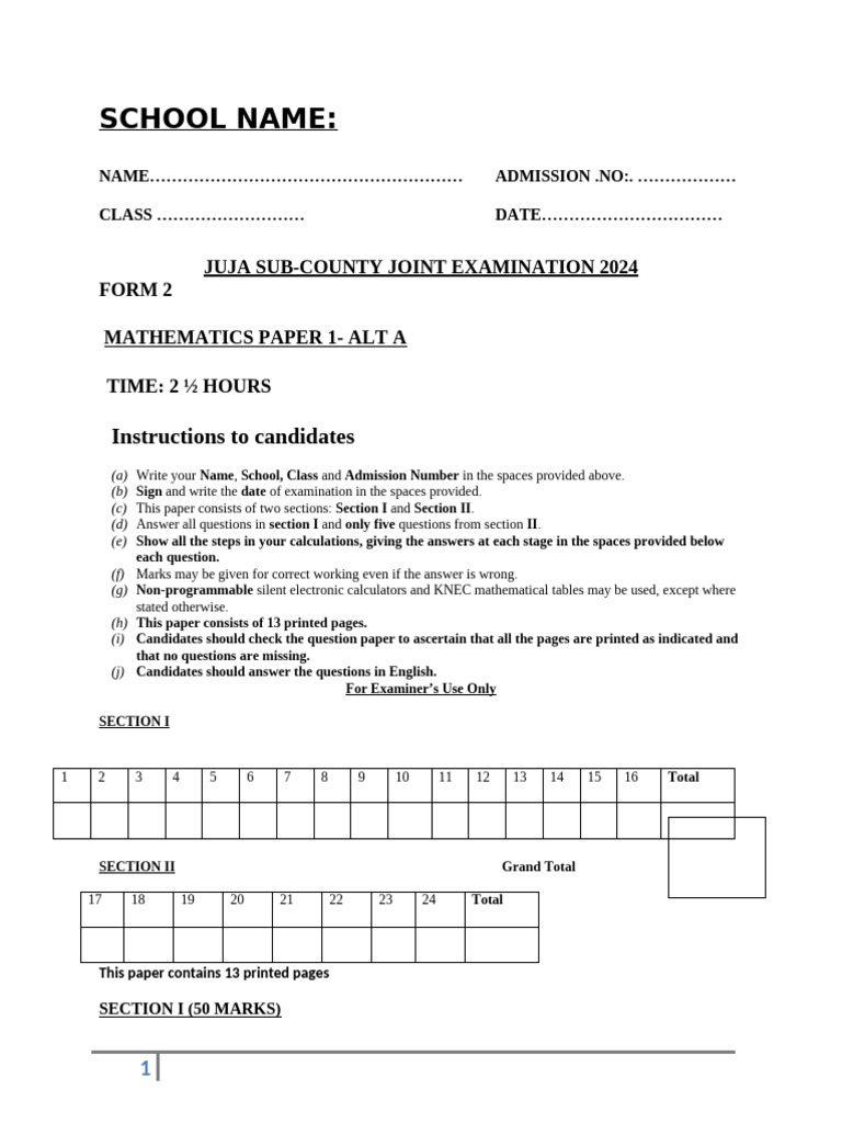 Juja Sub-County Form 2 Math Exam 2024 | PDF | Triangle | Area