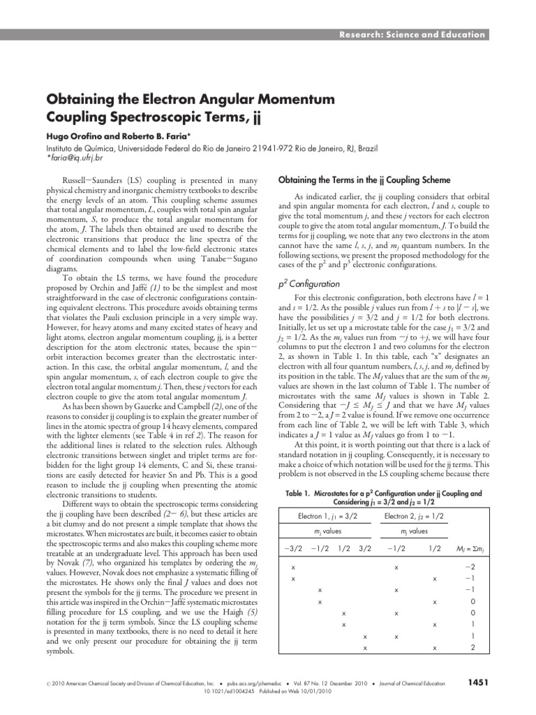 Obtaining The Electron Angular Momentum Coupling Spectroscopic Terms JJ ...