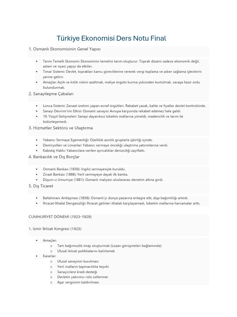 Türkiye Ekonomisi Final Ders Notu | PDF