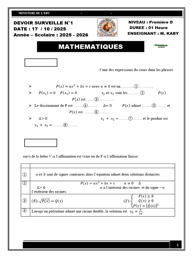DEVOIR de Maths N°1 NIVEAU 1ere D 2025-2026 KABY BY TEHUA | PDF | Zéro ...