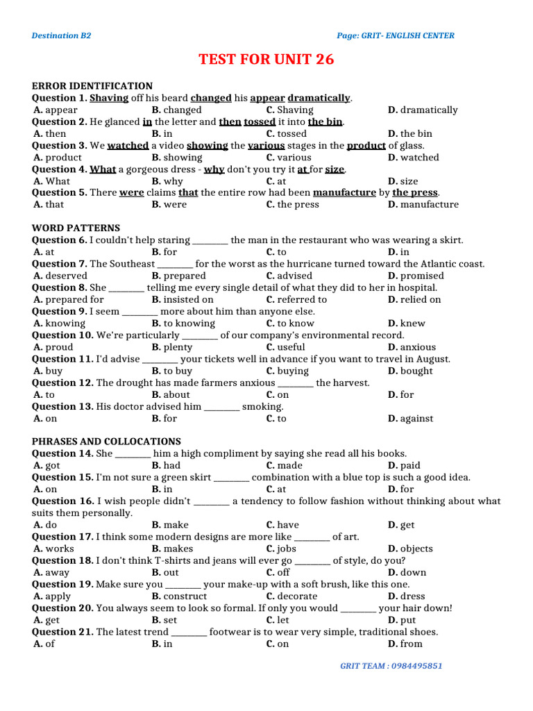 Test for Unit 26 | PDF | Clothing | Fashion