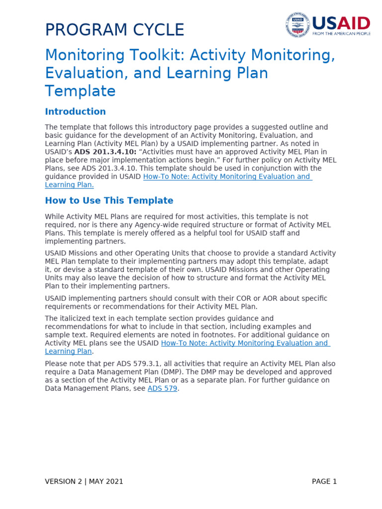 Activity MEL Plan Template Guide | PDF | Evaluation