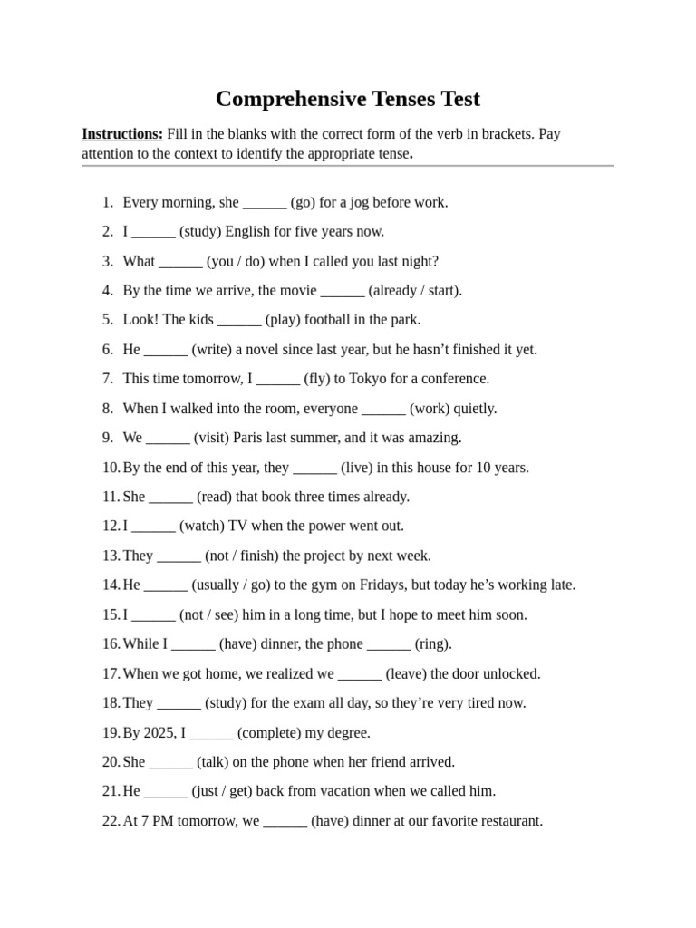 Comprehensive Verb Tenses Test | PDF