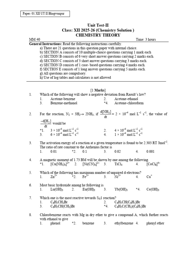 XII Unit Test - 2 (40marks) Solution | PDF | Coordination Complex ...