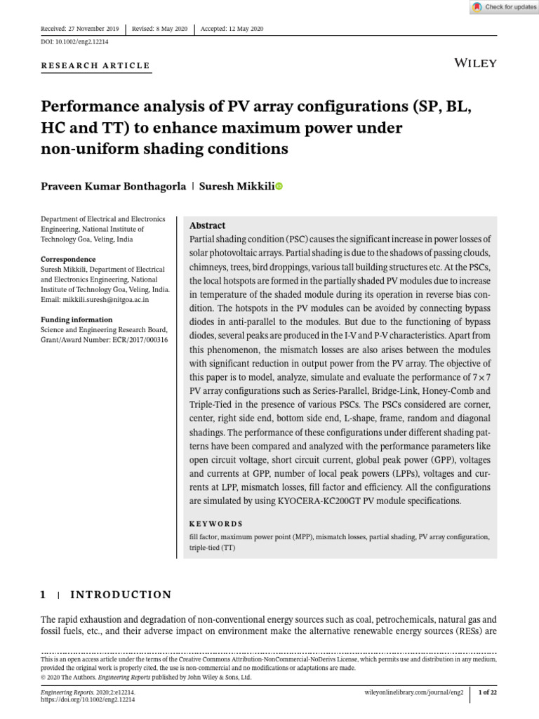 Engineering Reports - 2020 - Bonthagorla - Performance Analysis of PV ...