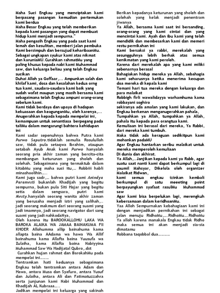 Doa Resepsi Pernikahan Putara Bu Suratinah | PDF