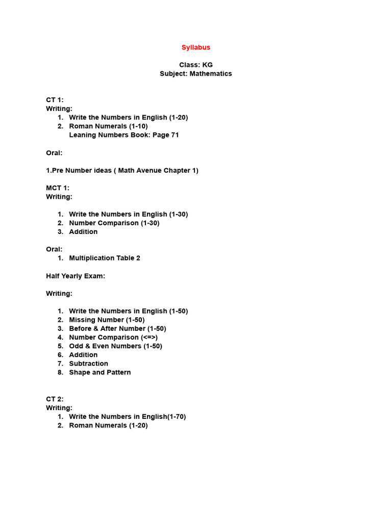 KG Mathematics Syllabus Overview | PDF
