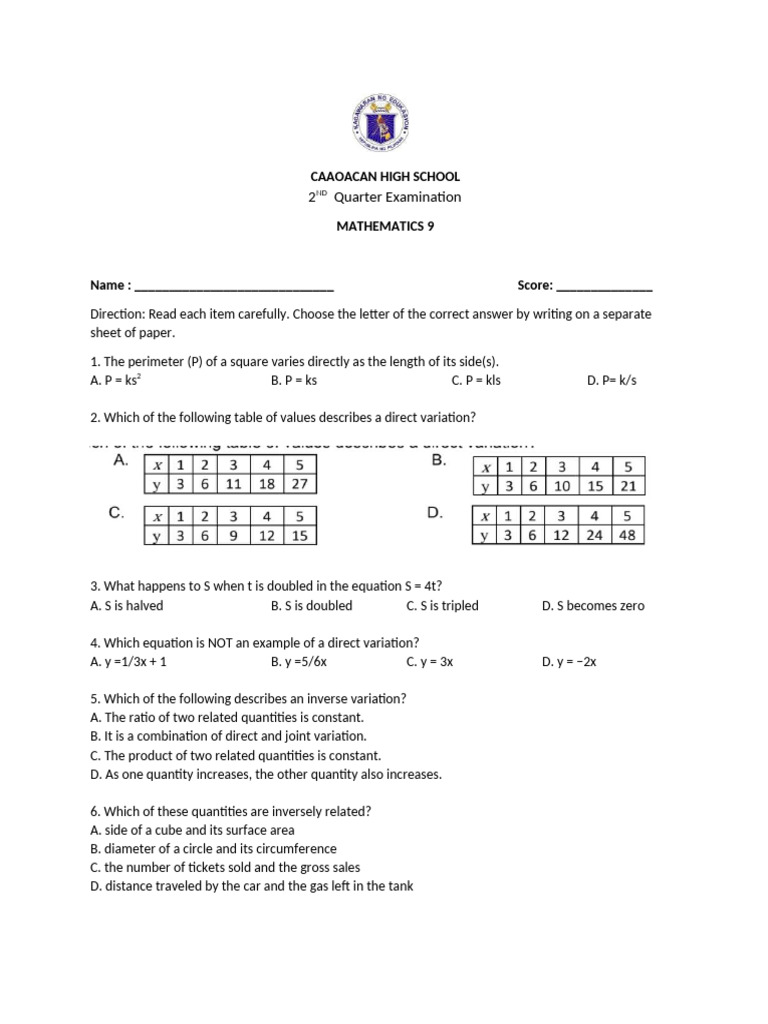 Mathematics 9 2nd Quarter Exam Guide | PDF | Area | Mathematics