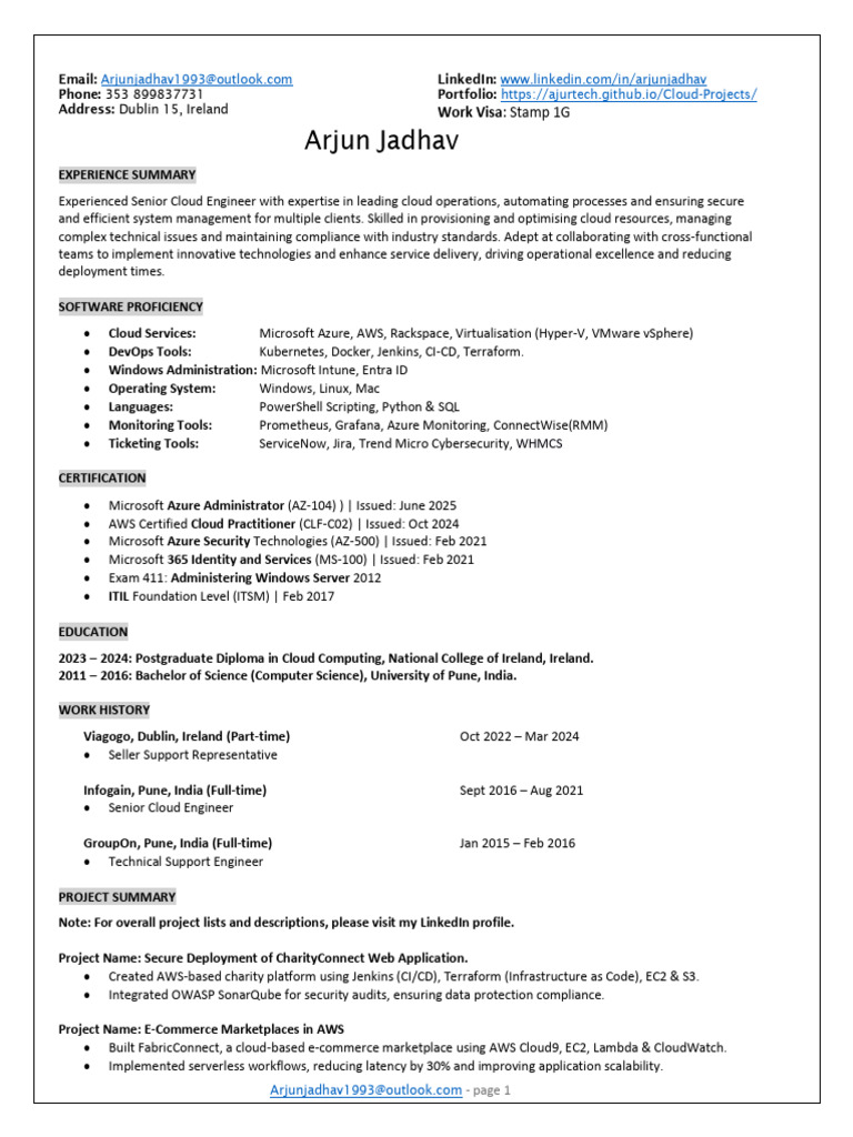 Senior Cloud Engineer Resume Summary | PDF | Cloud Computing ...