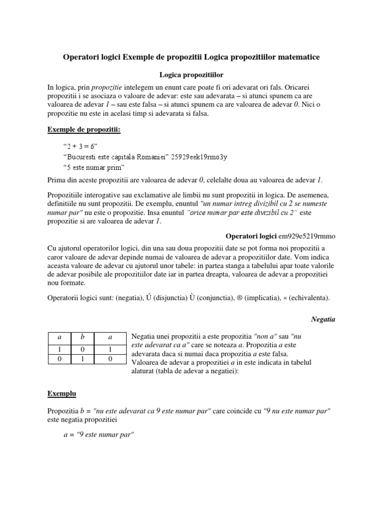 Operatori logici Exemple de propozitii Logica propozitiilor matematice