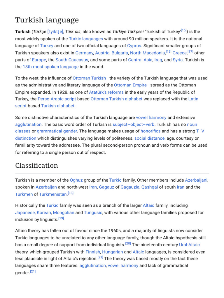 Turkish Language - Wikipedia | PDF | Linguistics | Language Families
