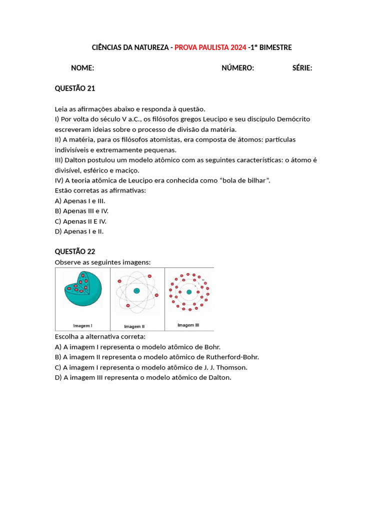 Prova de Ciências da Natureza 2024 - 1º Bimestre | PDF | Química | Mistura