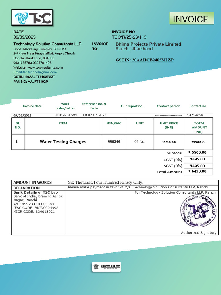 Invoice for Water Testing Services | PDF | Business Documents | Accounting