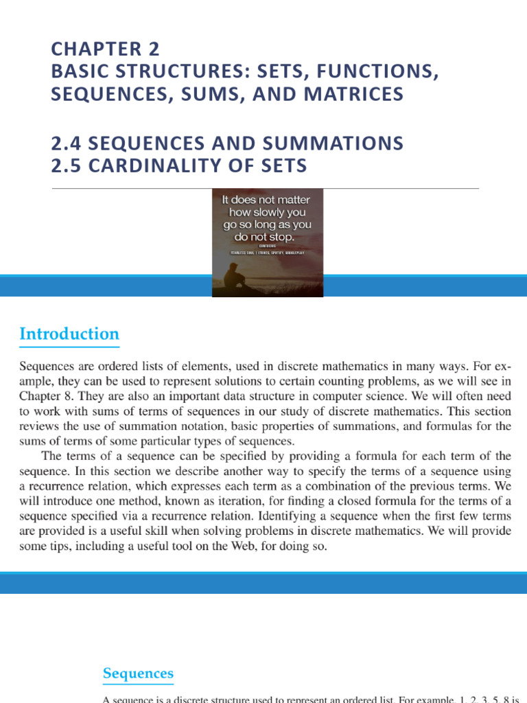 2.4 - 2.5 Sequences and Summations, Cardinality of Sets | PDF