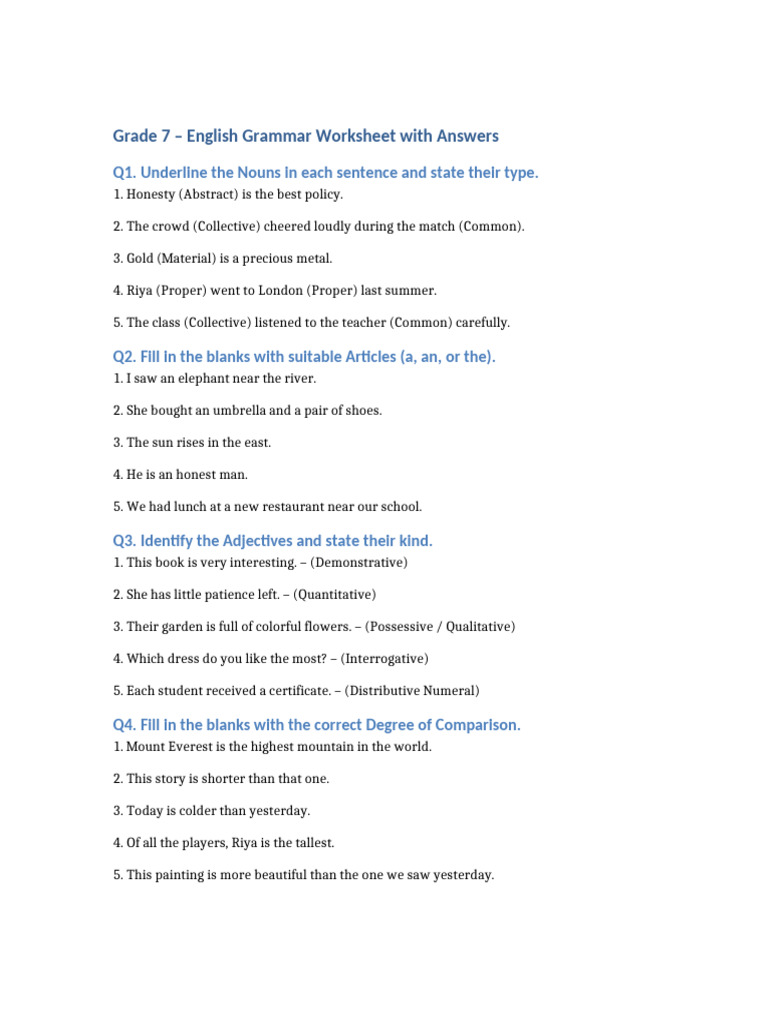 Grade7 English Grammar Worksheet With Answers | PDF | English Grammar