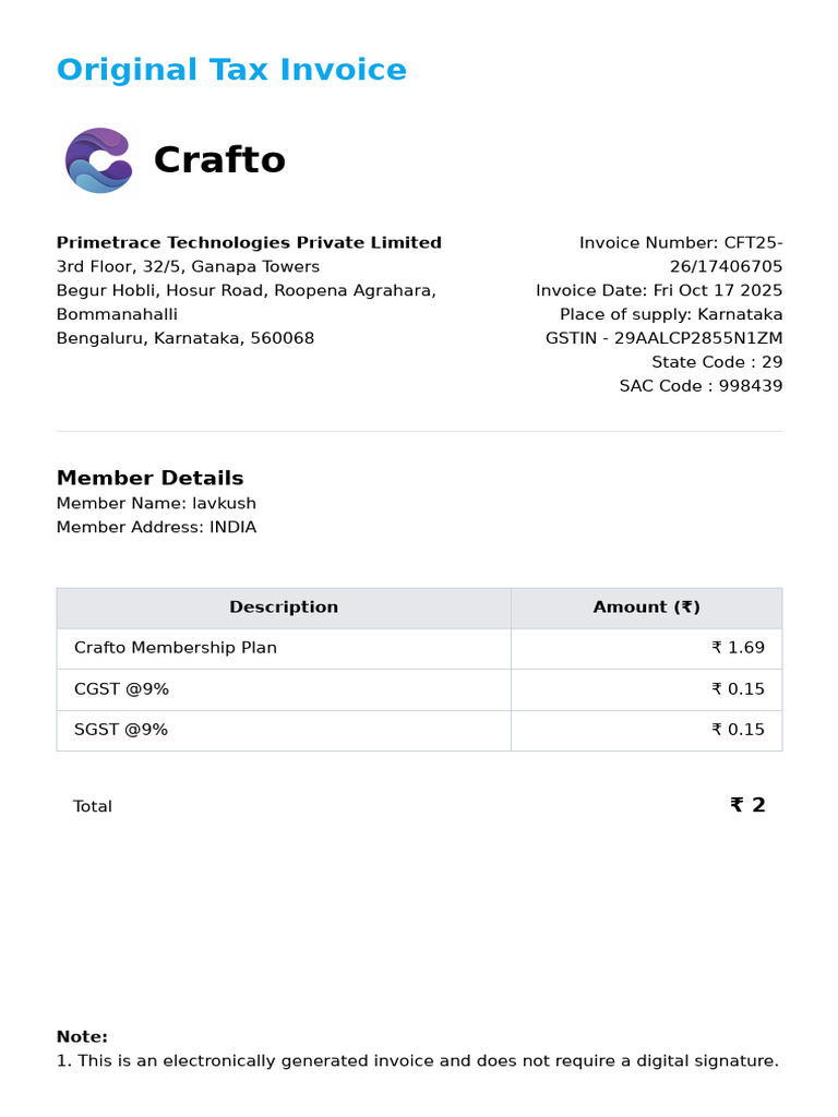 Crafto Membership Invoice - Oct 2025 | PDF