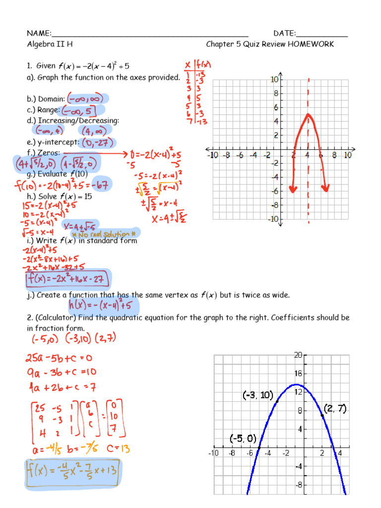 Algebra II Chapter 5 Quiz Review | PDF